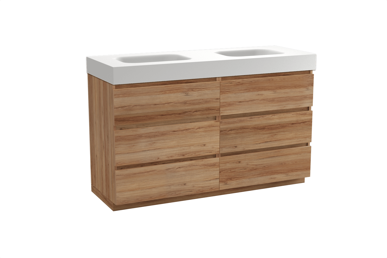 Balmani Lucida staand badkamermeubel 150 x 55 cm teak met Arcato dubbele wastafel in solid surface mat wit