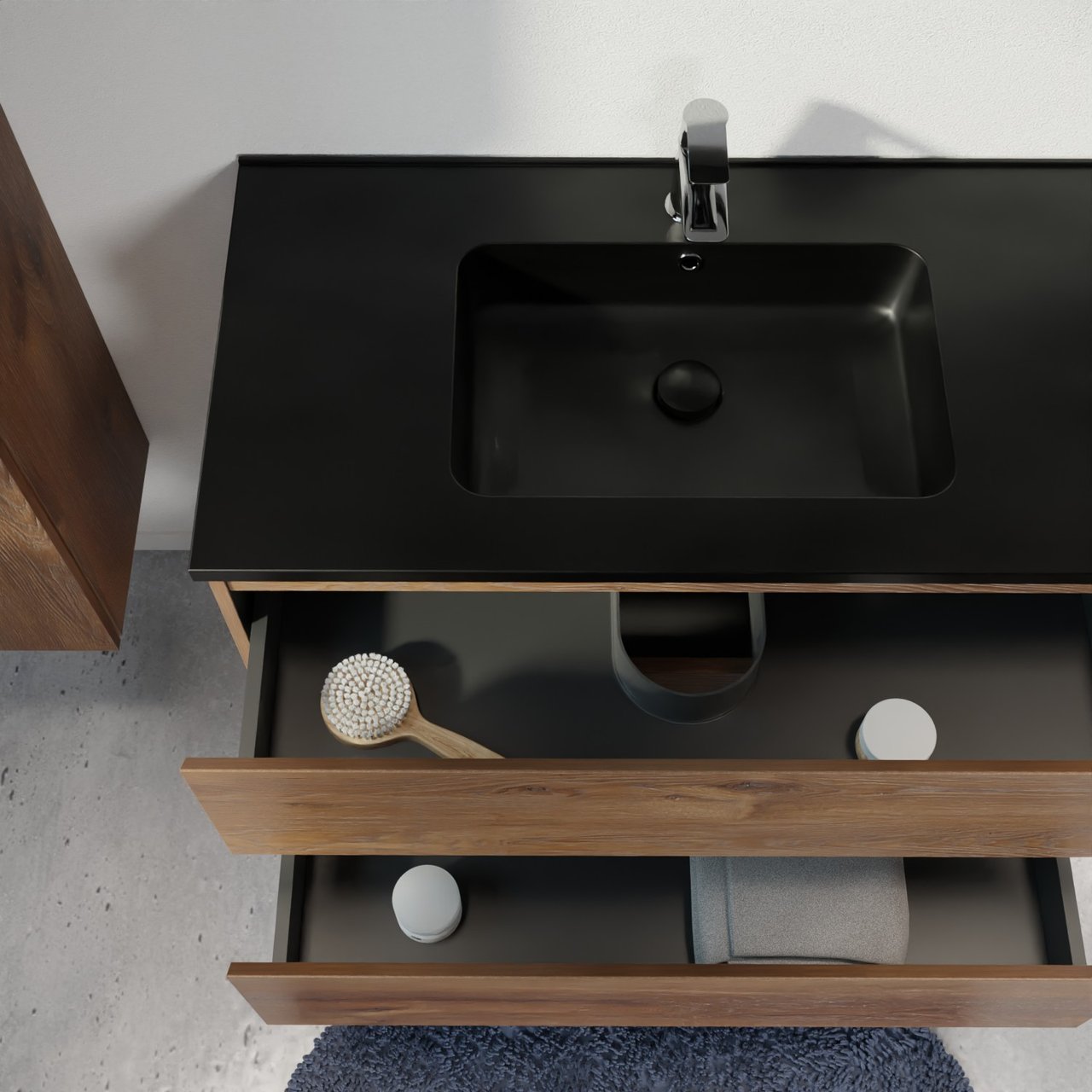 Linie Lado zwevend badmeubel 120 x 46 cm bruin eiken met Vano dubbele wastafel in composietmarmer mat zwart