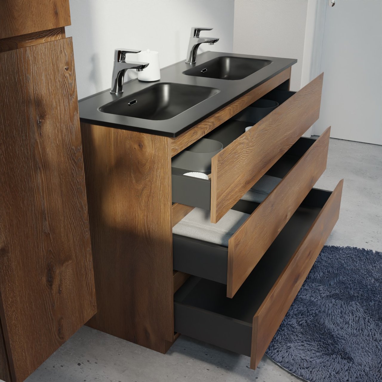 Linie Lado freistehendes Möbelstück Set: 120 x 46 cm, Braune Eiche, mit Baro Doppelwaschtisch, Porzellan Schwarz matt