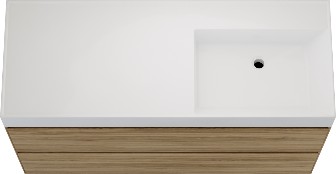 Balmani Mitra Compact zwevend badkamermeubel 120 x 46 cm wilde eik met Argila asymmetrisch rechtse wastafel in composietmarmer glanzend wit