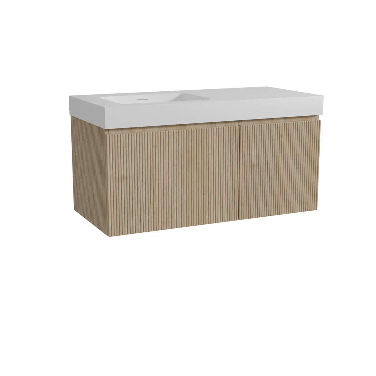 Storke Ribs zwevend badkamermeubel 110 x 52 cm ruwe eik met Mata High asymmetrisch linkse wastafel in solid surface mat wit, Verticale symmetrische rechte ribbel
