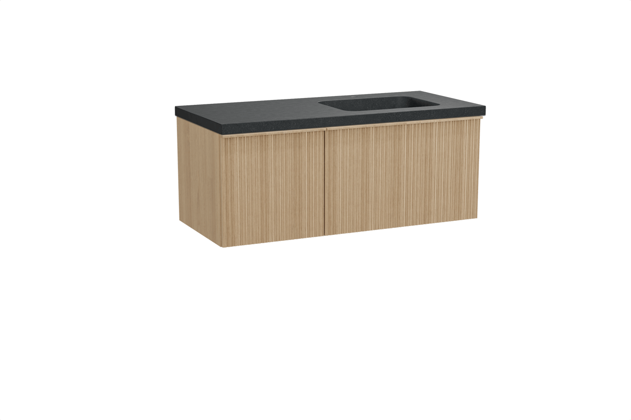 Balmani Forma hängendes Möbelstück Set: 120 x 55 cm, Naturbelassene Eiche, mit Napoli Waschtisch rechts, Granit, Schwarzes Granit, Vertikale asymmetrische Runde Rippe