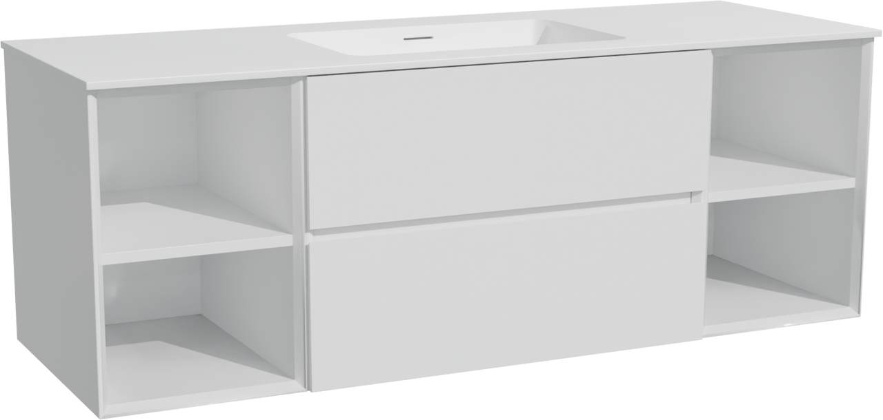 Storke Edge hängendes Möbelstück Set: 145 x 52 cm, Weiß glänzend, mit Mata Einzelwaschtisch, Solid Surface Weiß matt