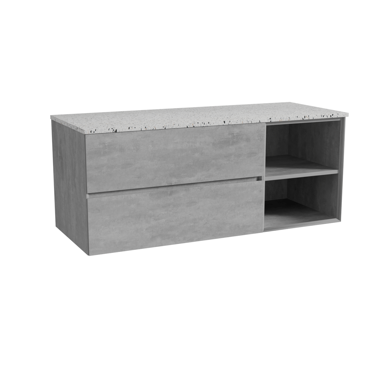 Storke Edge hängendes Möbelstück Set: 130 x 52 cm, Beton dunkelgrau, mit Tavola Einzel- oder Doppel Waschtischplatte, Terrazzo in Weiß/Schwarz matt