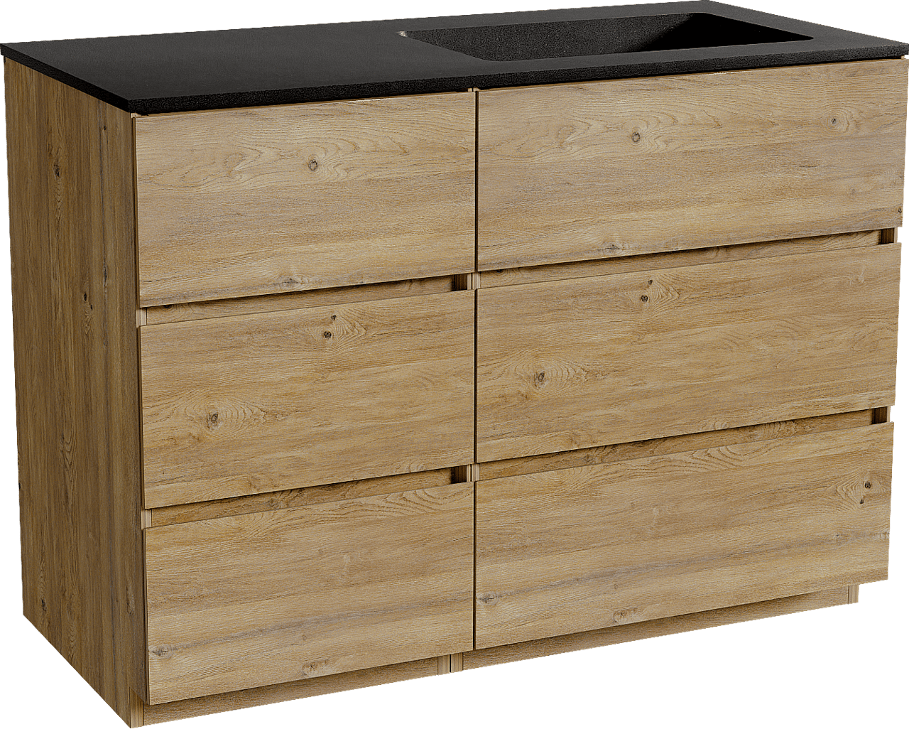 Storke Edge staand badmeubel 110 x 52 cm ruw eiken met Scuro asymmetrisch rechtse wastafel in kwarts mat zwart