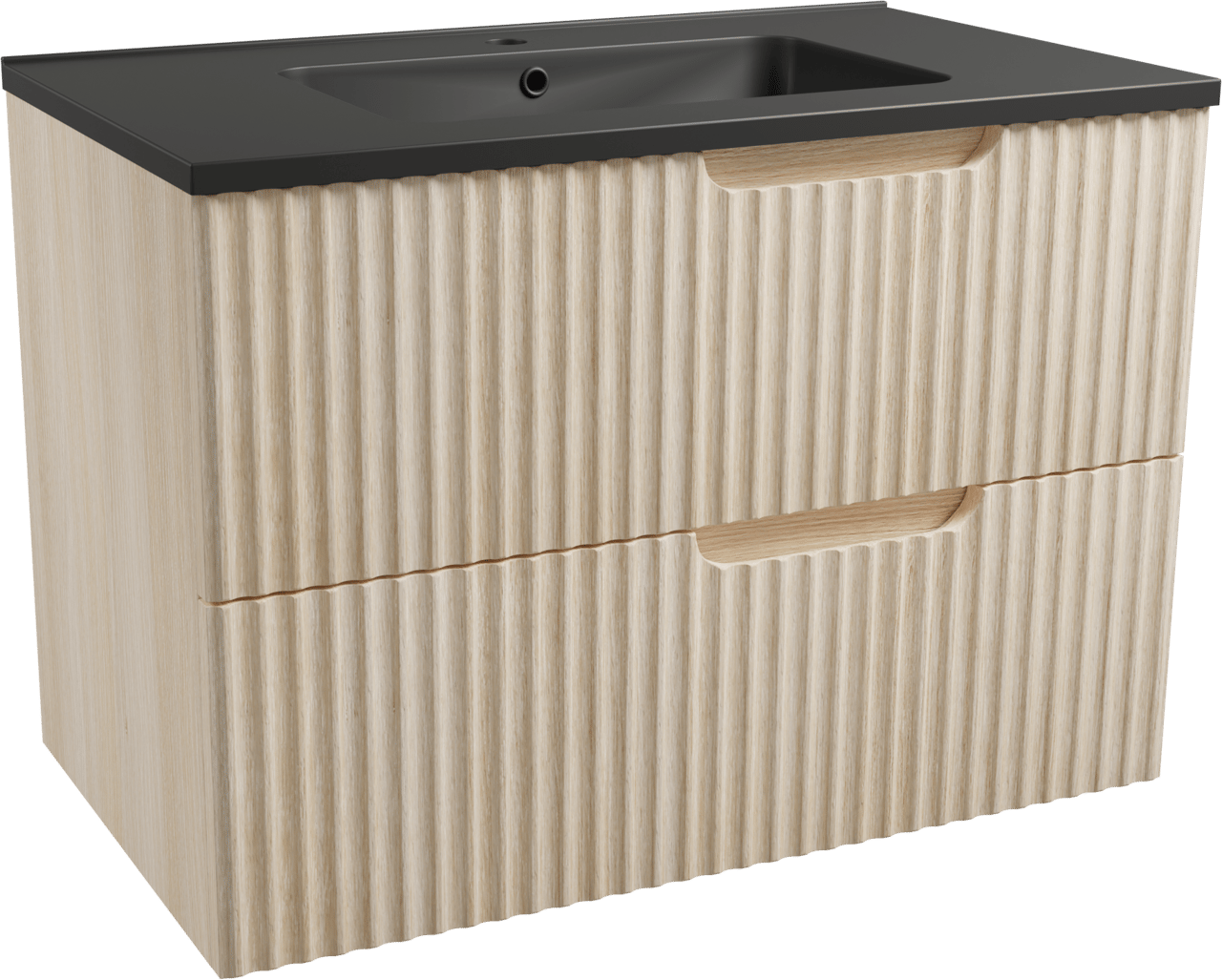 Linie Ribbo meuble salle de bains suspendu 80 x 46 cm chêne clair avec Vano plan simple en marbre composite noir mat, Nervure circulaire symétrique verticale