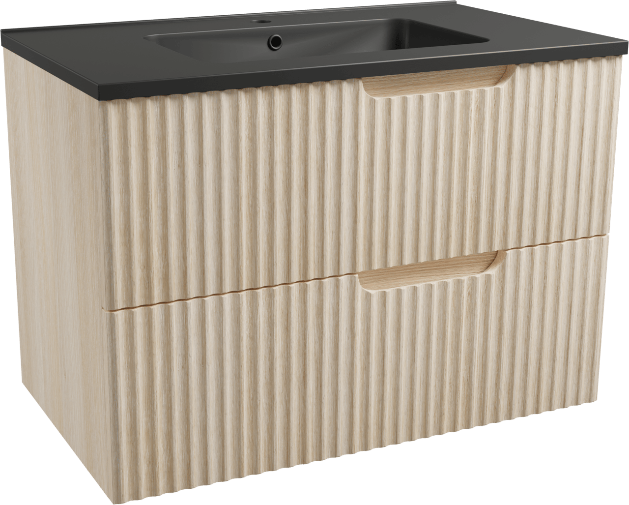 Linie Ribbo hängendes Möbelstück Set: 80 x 46 cm, Helle Eiche, mit Vano Einzelwaschtisch, Marmorkomposit, Schwarz matt, Vertikale symmetrische runde Rippe