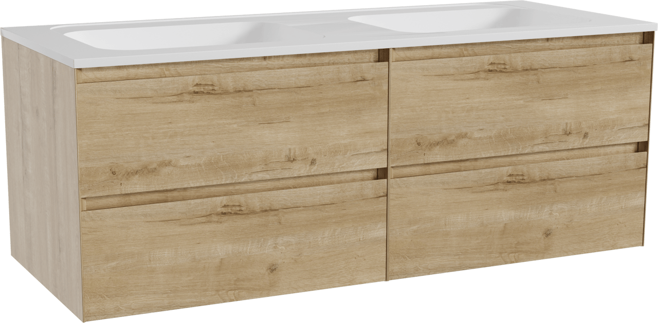 Balmani Mitra meuble salle de bains suspendu 135 x 55 cm chêne brut avec Tablo Strada double vasque en marbre composite blanc brillant