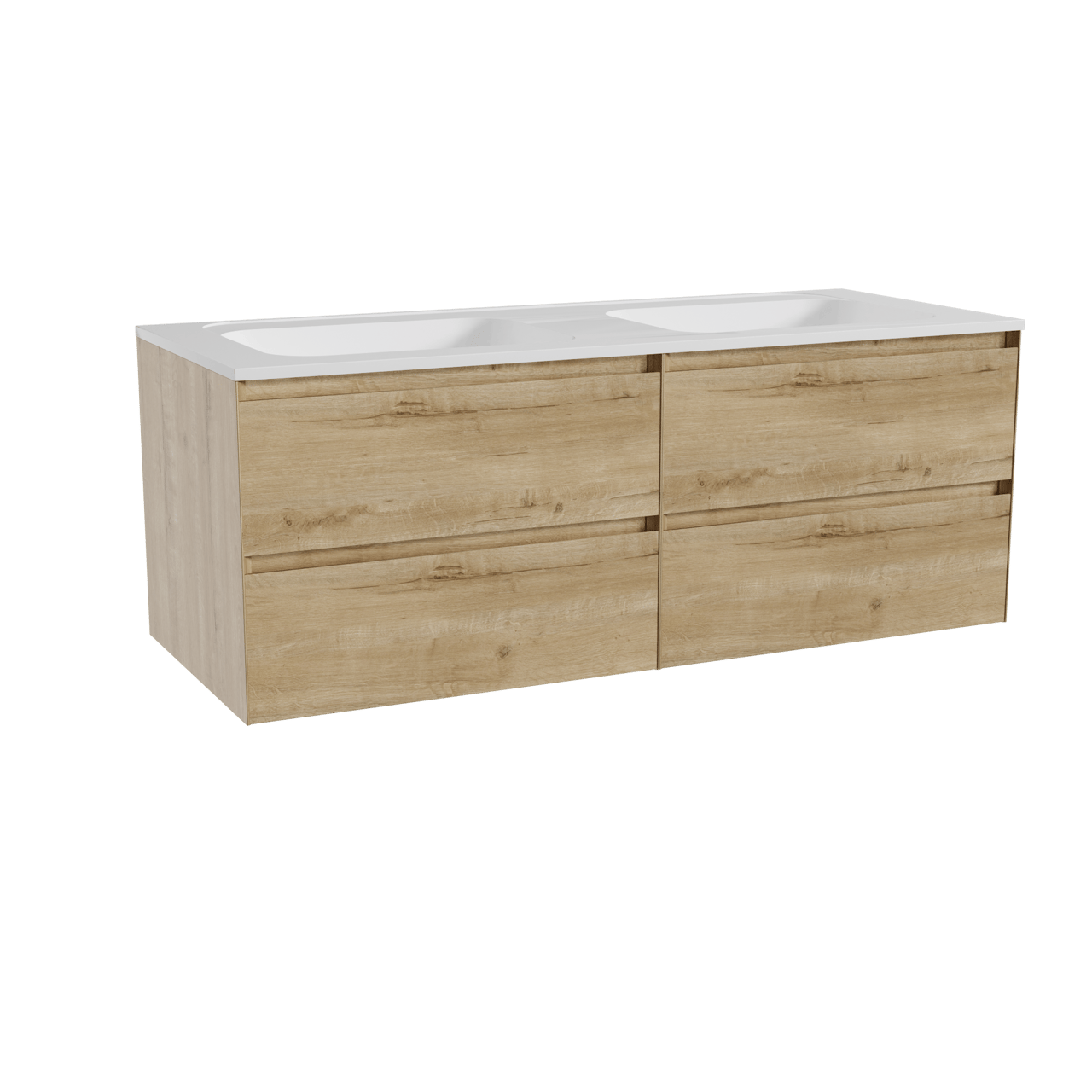 Balmani Mitra hängendes Möbelstück Set: 135 x 55 cm, Rohe Eiche, mit Tablo Strada Doppelwaschtisch, Marmorkomposit Weiß glänzend