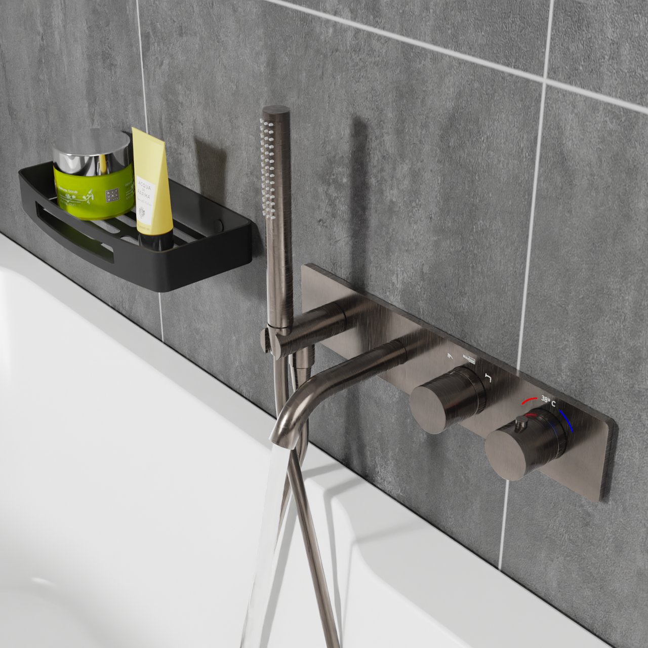 Blaufoss Round inbouw badkraan thermostatisch met handdouche Brushed GunMetal incl. inbouwelement