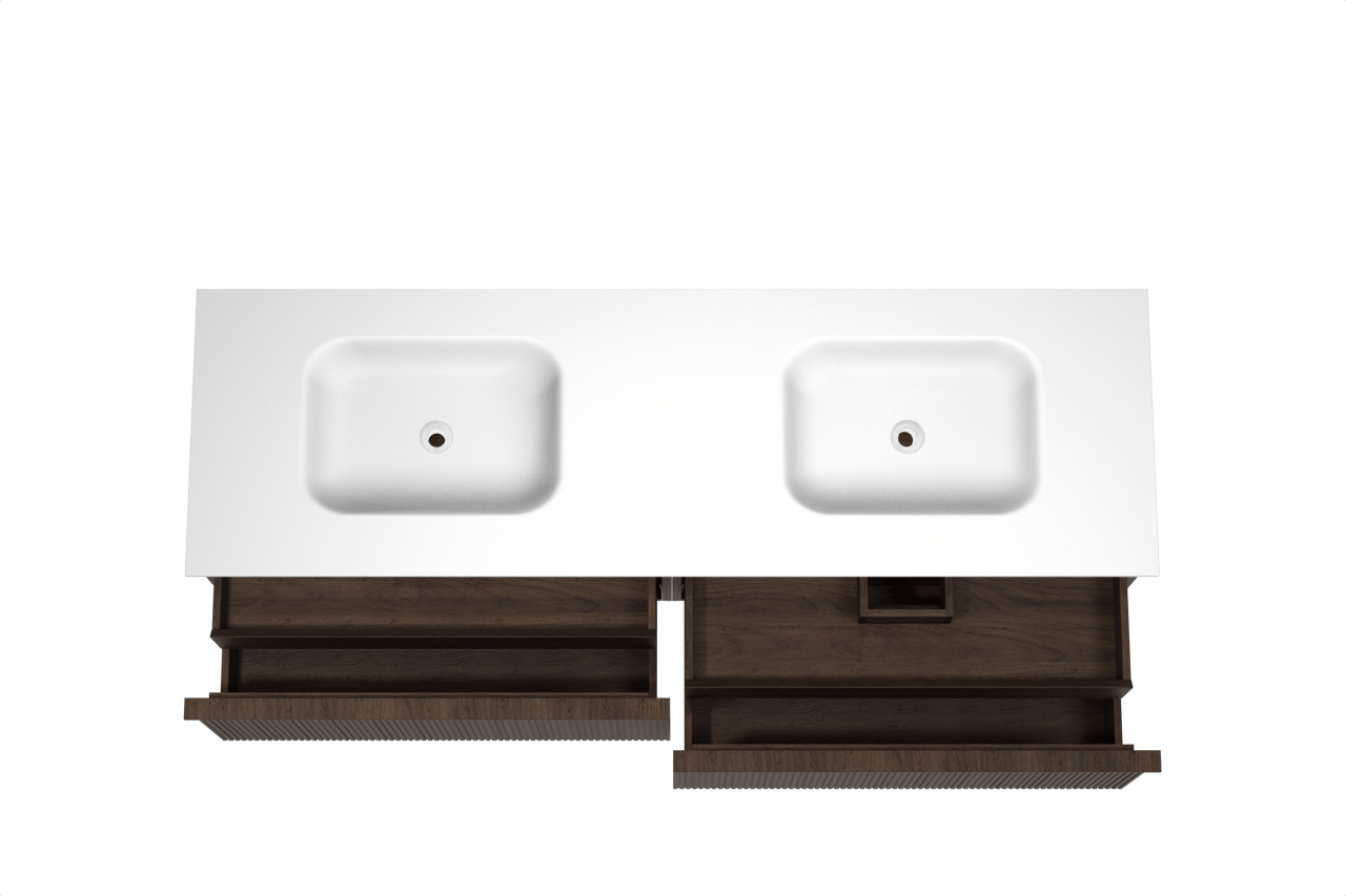 Balmani Forma zwevend badkamermeubel 180 x 55 cm gerookte eik met Tablo Arcato dubbele wastafel in solid surface mat wit, Verticale symmetrische rechte ribbel