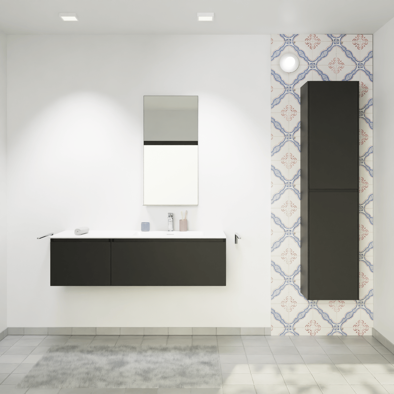 Storke Edge hängendes Möbelstück Set: 130 x 52 cm, Schwarz matt, mit Mata Waschtisch rechts, Solid Surface Weiß matt