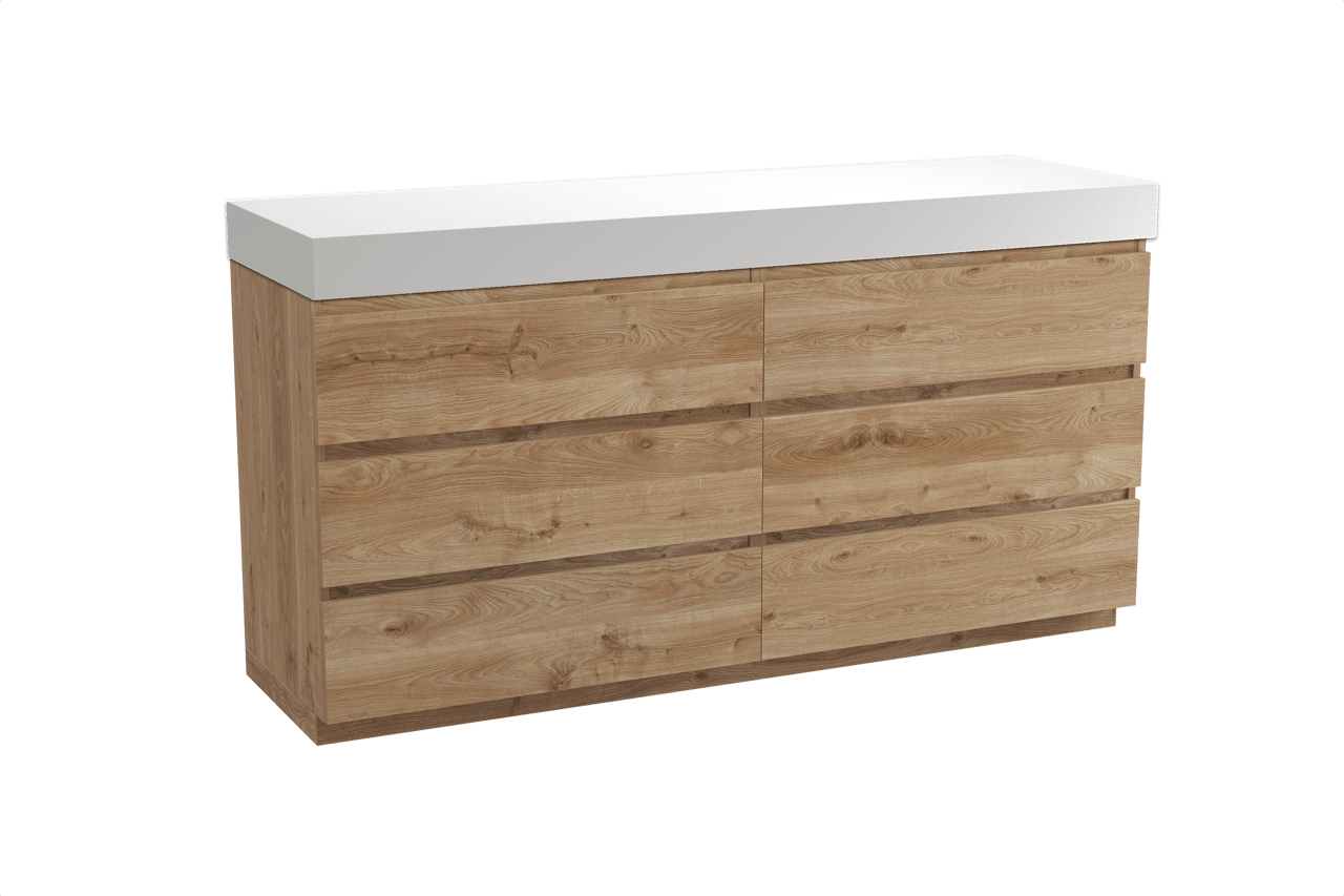 Balmani Lucida meuble salle de bains à poser 180 x 55 cm chêne brut avec Dominus tablette simple ou double en solid surface blanc mat