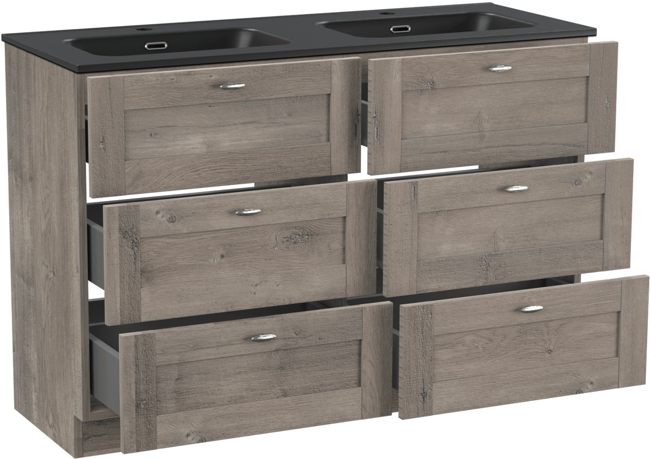 Linie Classo freistehendes Möbelstück Set: 120 x 46 cm, Graue Eiche, mit Baro Doppelwaschtisch, Porzellan Schwarz matt