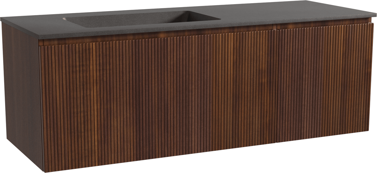 Storke Ribs zwevend badmeubel 140 x 52 cm notenhout met Scuro asymmetrisch linkse wastafel in kwarts mat zwart, Verticale symmetrische rechte ribbel