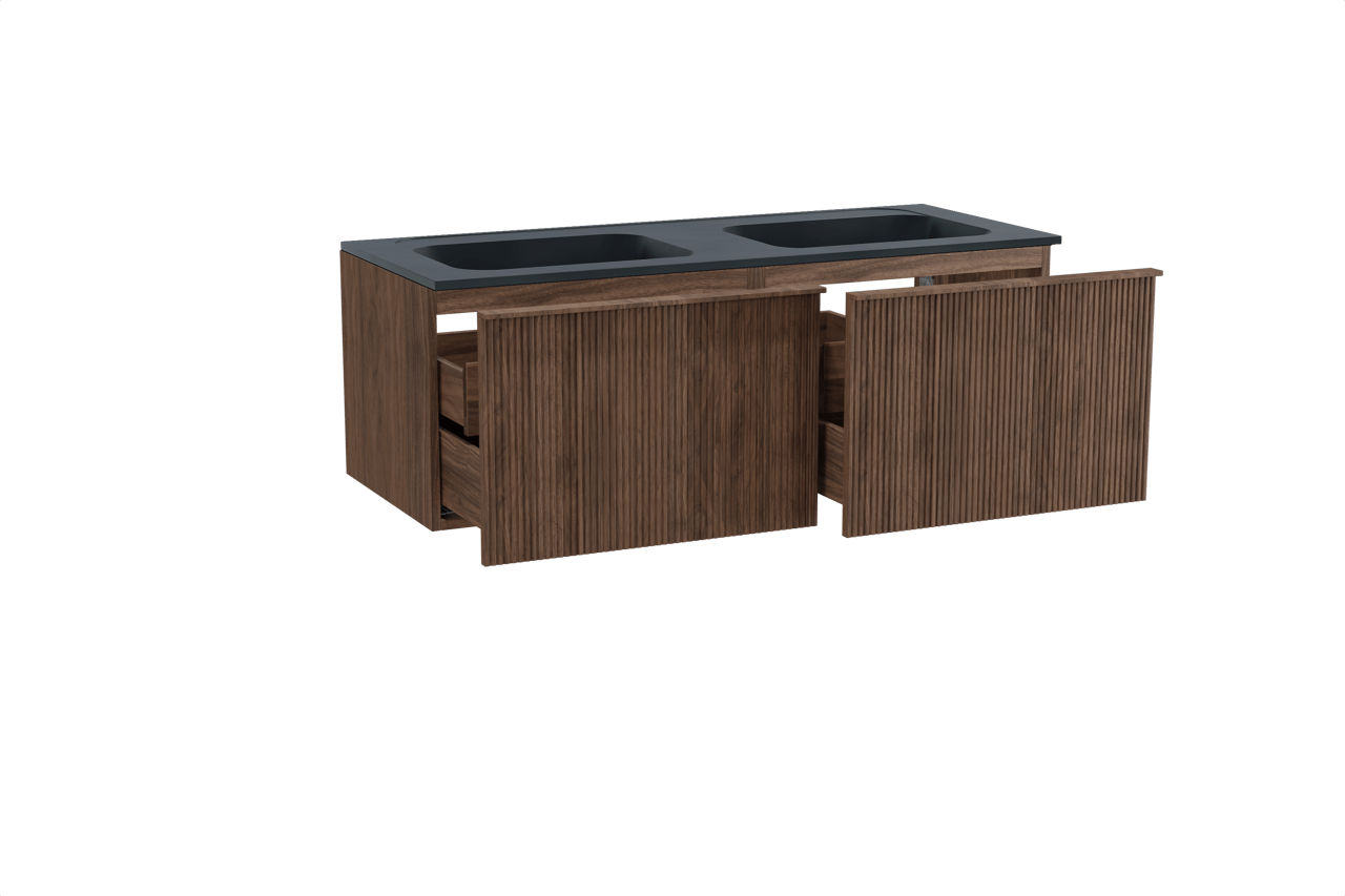 Balmani Forma hängendes Möbelstück Set: 135 x 55 cm, Amerikanischer Nussbaum, mit Tablo Strada Doppelwaschtisch, Marmorkomposit, Schwarz matt, Vertikale symmetrische gerade Rippe