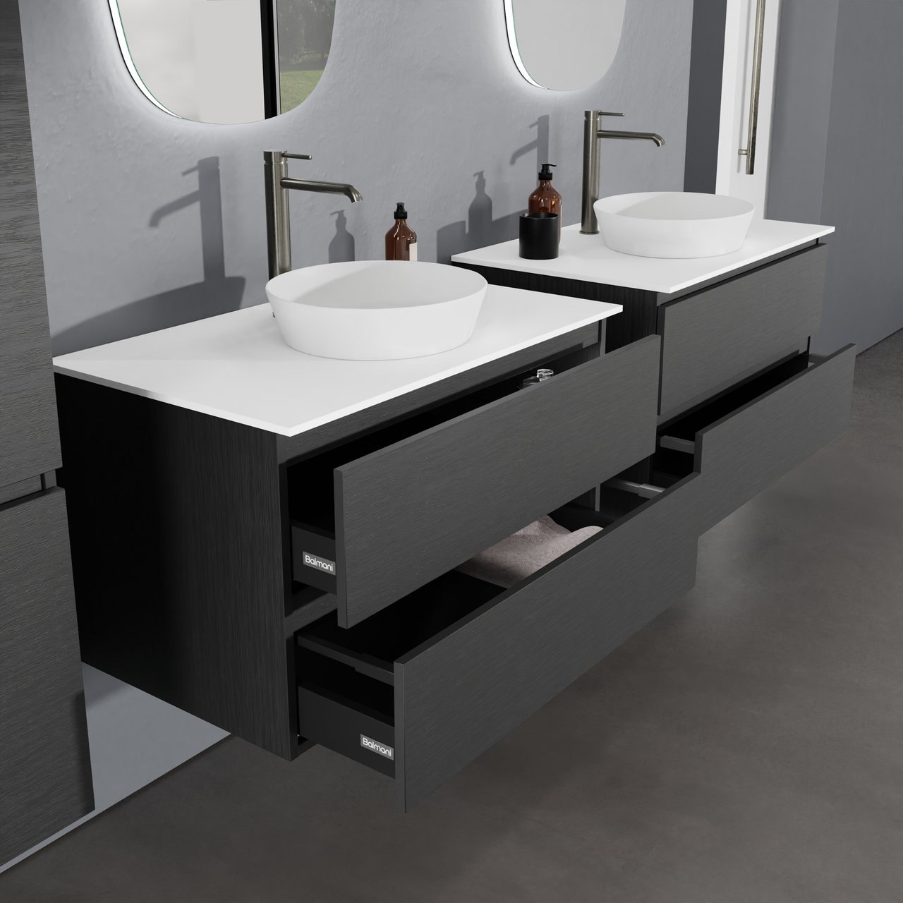 Balmani Lucida hängendes Möbelstück Set: 90 x 55 cm, Schwarze Eiche, mit Stretto Einzel Waschtischplatte, Solid Surface Weiß matt