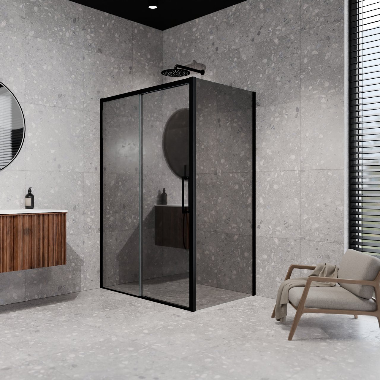 Balmani Senses Design douche d'angle avec porte coulissante à gauche et paroi latérale fixe, 160 x 80 cm, Verre miroir reflex, Profil Noir mat