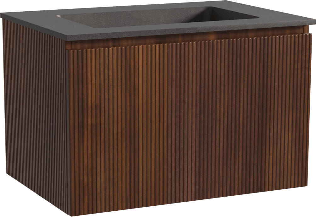 Storke Ribs zwevend badmeubel 75 x 52 cm notenhout met Scuro enkele wastafel in kwarts mat zwart, Verticale symmetrische rechte ribbel