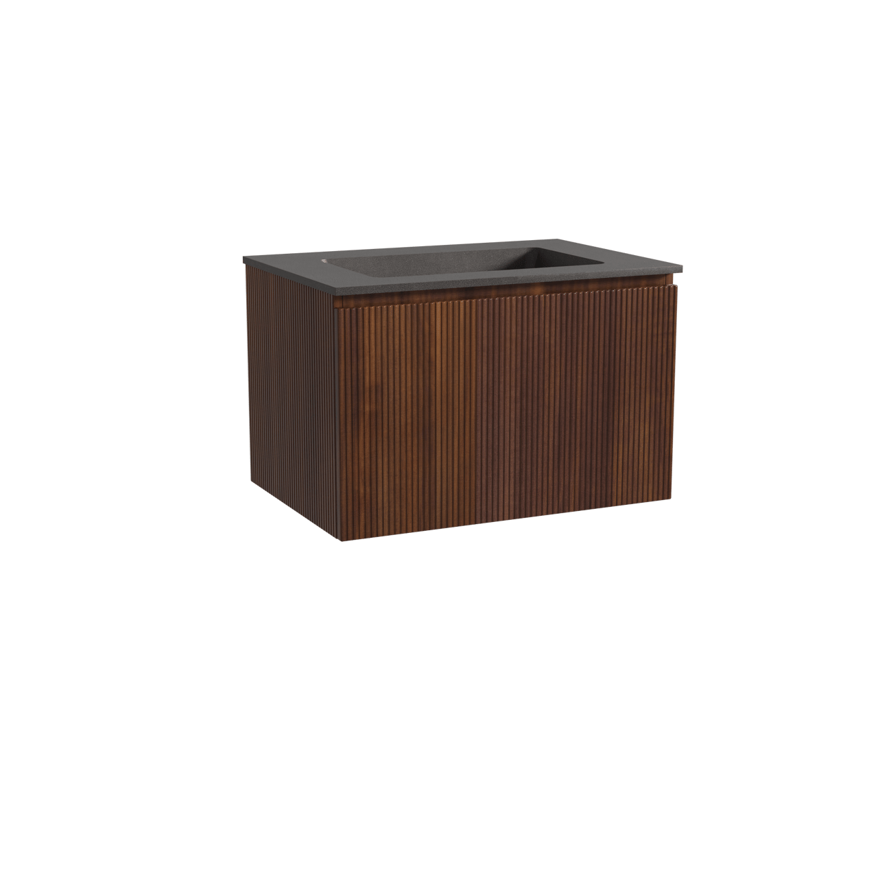 Storke Ribs hängendes Möbelstück Set: 75 x 52 cm, Nussbaum, mit Scuro Einzelwaschtisch, Quarz, Schwarz matt, Vertikale symmetrische gerade Rippe