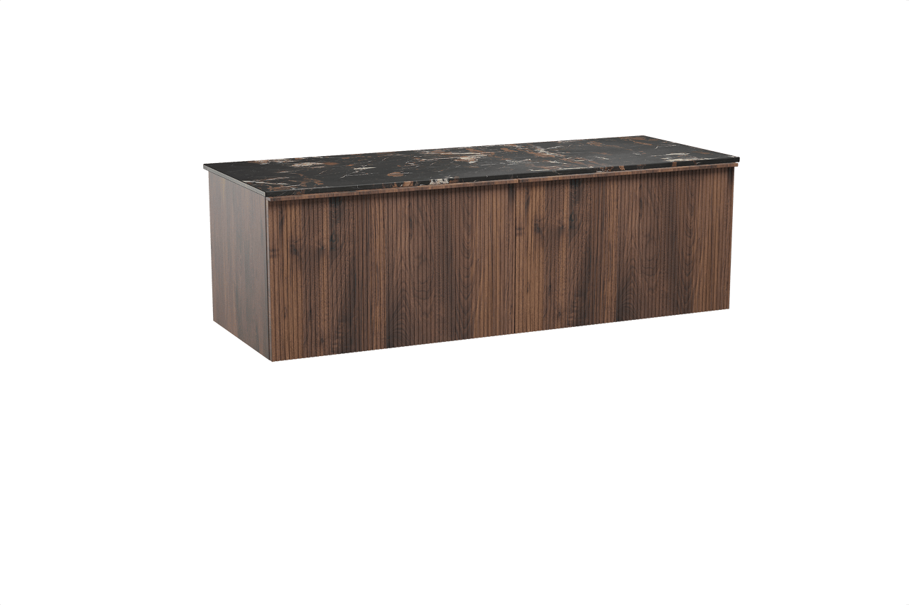 Balmani Forma zwevend badkamermeubel 150 x 55 cm amerikaanse notelaar met Stretto enkel of dubbel tablet in marmer portoro gold, Verticale symmetrische rechte ribbel