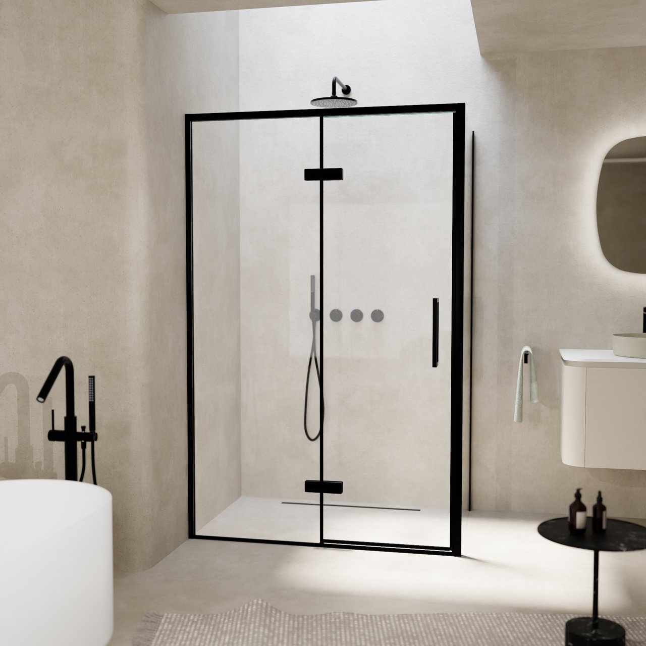 Balmani Senses Design douche en coin avec porte pivotante à gauche et paroi latérale fixe, 120 x 90 cm, Verre transparent, Profil noir, coating inclus, coating inclus