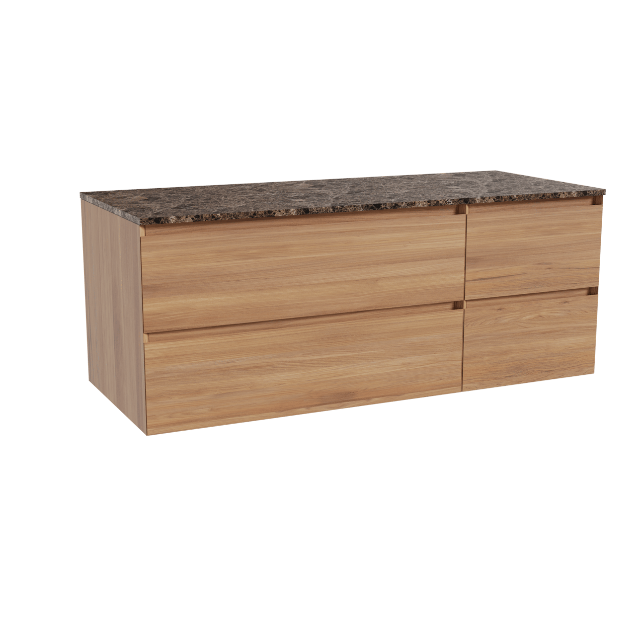 Balmani Mitra zwevend badkamermeubel 135 x 55 cm teak met Stretto enkel of dubbel tablet in marmer dark emperador