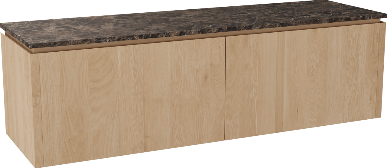 Balmani Eclips zwevend badkamermeubel 180 x 55 cm Natuur eik met Stretto enkel of dubbel tablet in Dark Emperador marmer