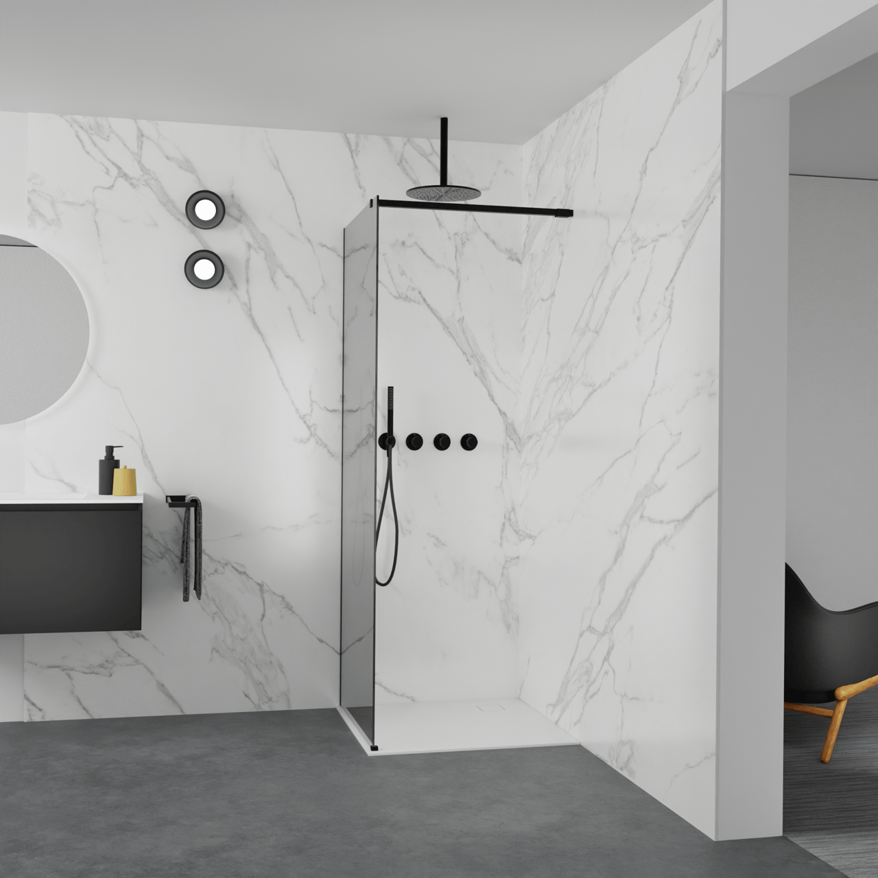 Balmani Modular Walk-In Dusche: 80 x 200 cm, Reflex-Spiegelglas, inklusive Coating, Profil Schwarz matt