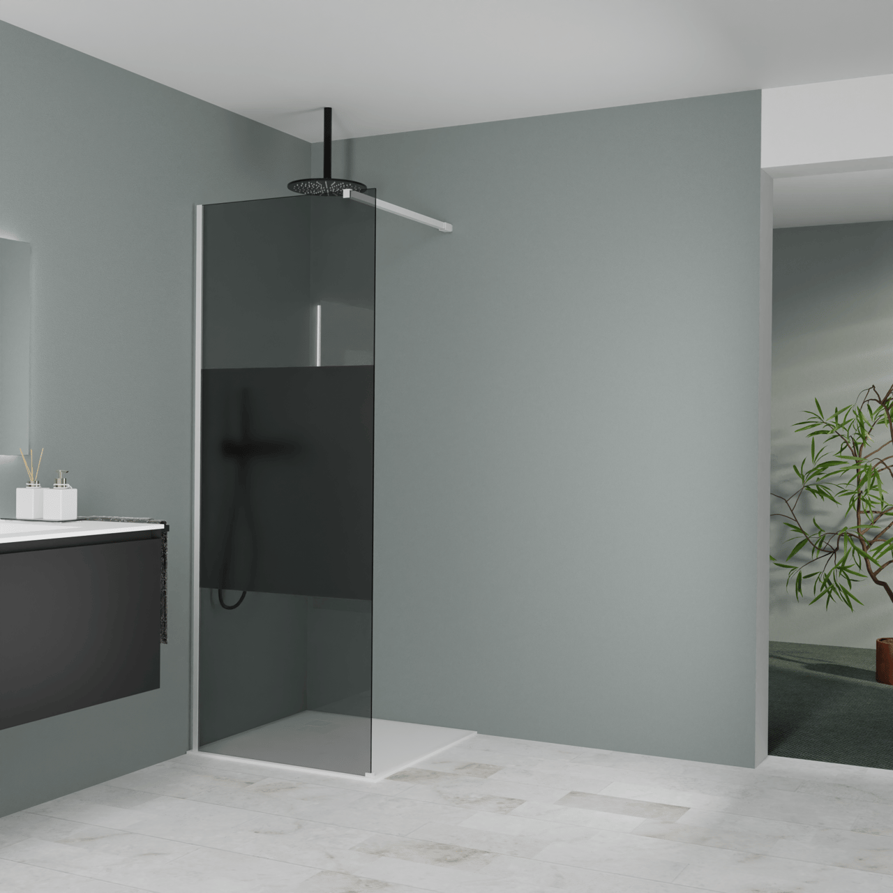 Balmani Modular douche à l'italienne: 80 x 200 cm, Verre fumé avec bande matte, avec coating, Profil Blanc mat