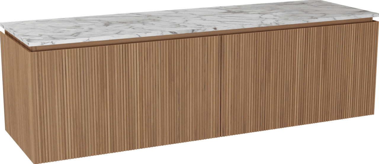 Balmani Eclips hängendes Möbelstück Set: 180 x 55 cm, Teak, mit Stretto Einzel- oder Doppel Waschtischplatte Carrara-Marmor, Vertikale symmetrische gerade Rippe