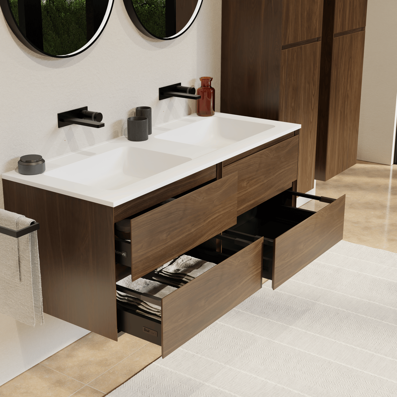 Balmani Mitra meuble salle de bains suspendu 135 x 55 cm noyer américain avec Tablo Strada double vasque en marbre composite blanc mat