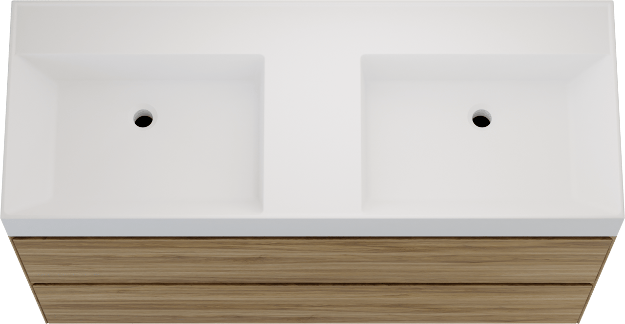 Balmani Mitra Compact meuble salle de bains suspendu 120 x 46 cm chêne sauvage avec Argila double vasque en marbre composite blanc brillant