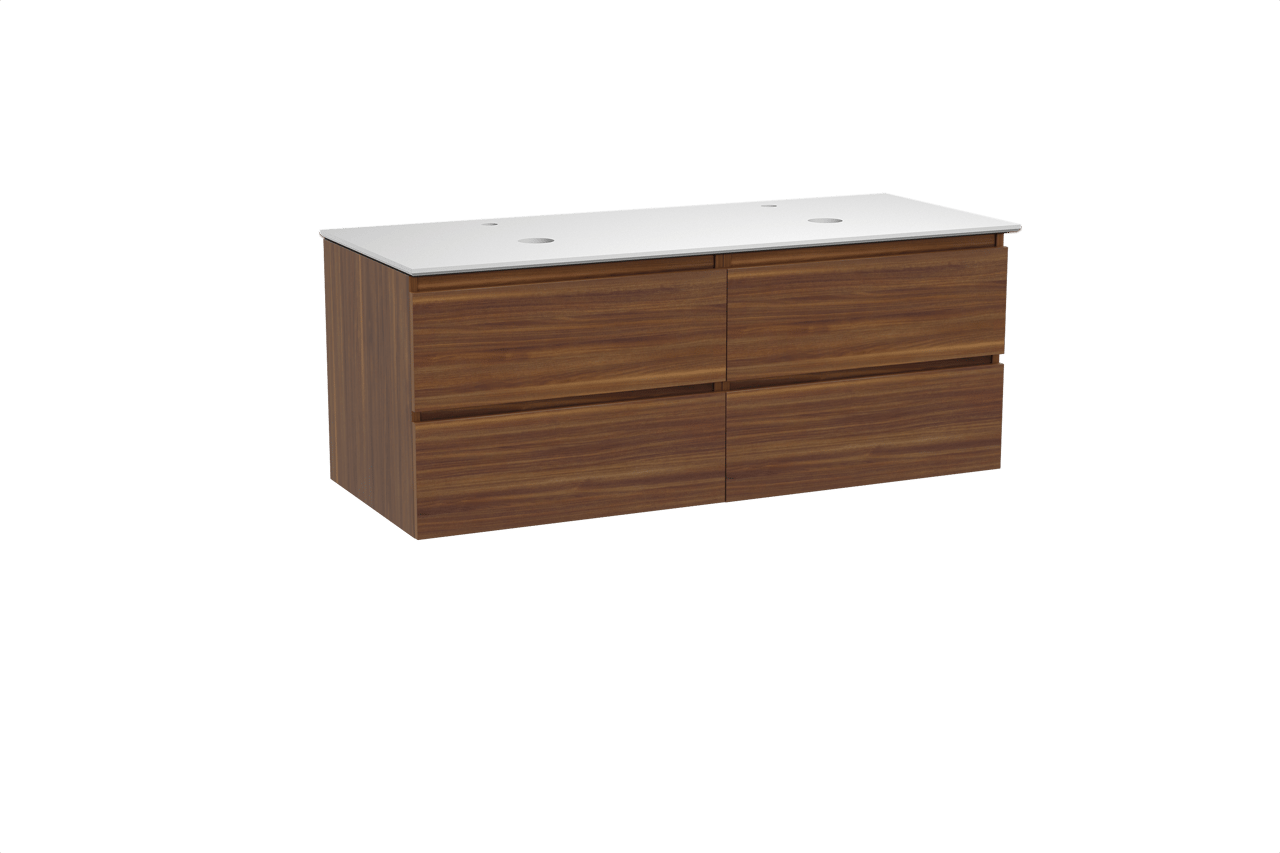 Balmani Lucida hängendes Möbelstück Set: 135 x 55 cm, Amerikanischer Nussbaum, mit Facetta Doppel Waschtischplatte, Solid Surface Weiß matt