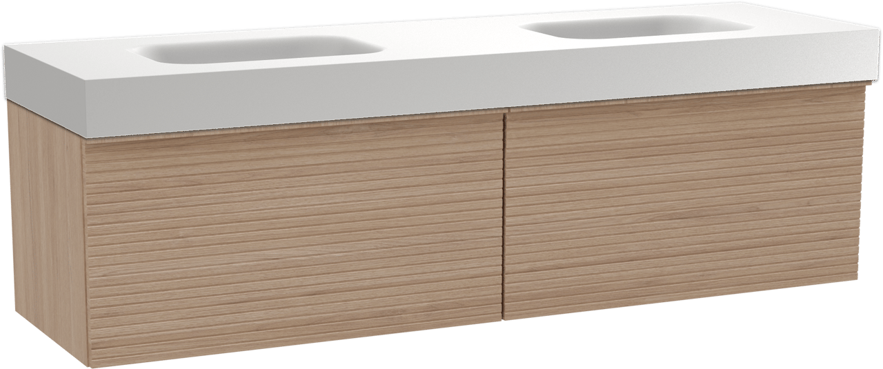 Balmani Forma zwevend badkamermeubel 180 x 55 cm natuur eik met Arcato dubbele wastafel in solid surface mat wit, Horizontale symmetrische rechte ribbel