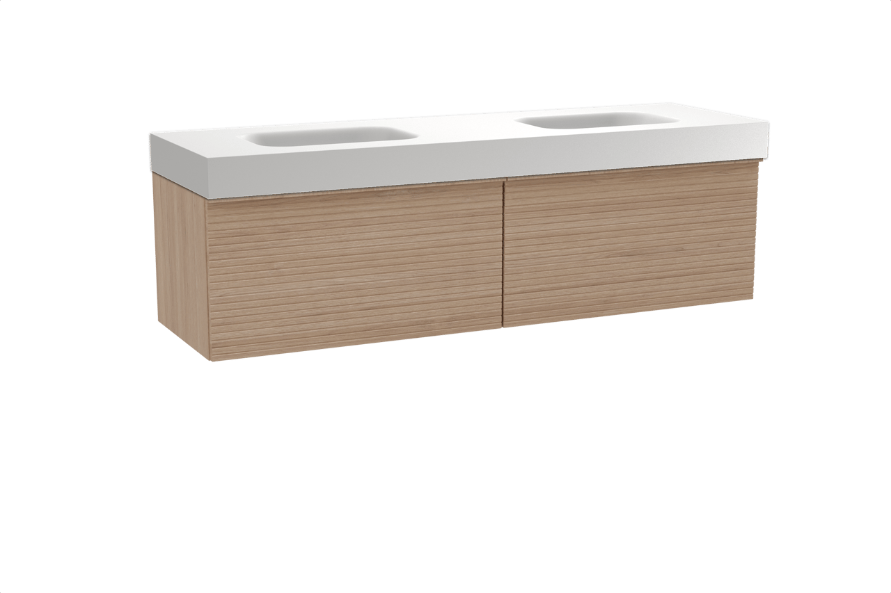 Balmani Forma meuble salle de bains suspendu 180 x 55 cm chêne naturel avec Arcato double vasque en solid surface blanc mat, Nervure droite symétrique horizontale