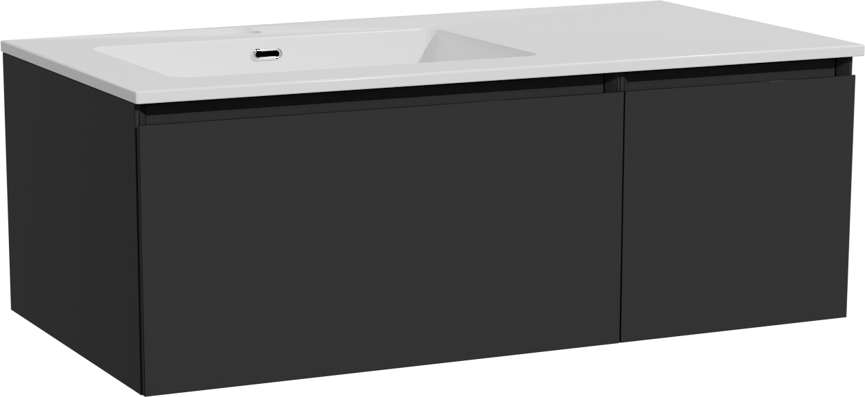 Storke Edge meuble salle de bains suspendu 100 x 52 cm noir mat avec Diva plan vasque asymétrique à gauche en marbre composite blanc brillant