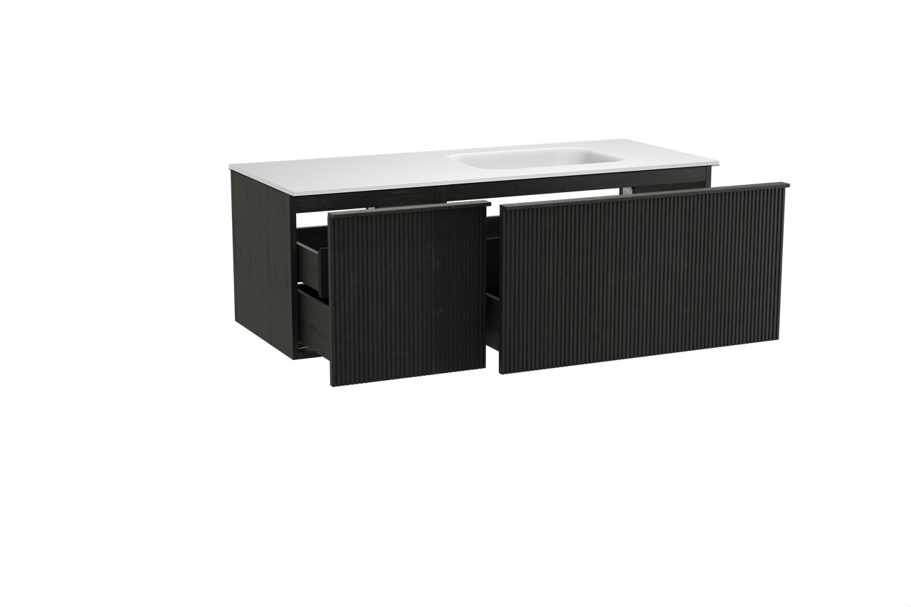 Balmani Forma meuble salle de bains suspendu 135 x 55 cm chêne noir avec Tablo Arcato vasque asymétrique droite en solid surface blanc mat, Nervure droite symétrique verticale