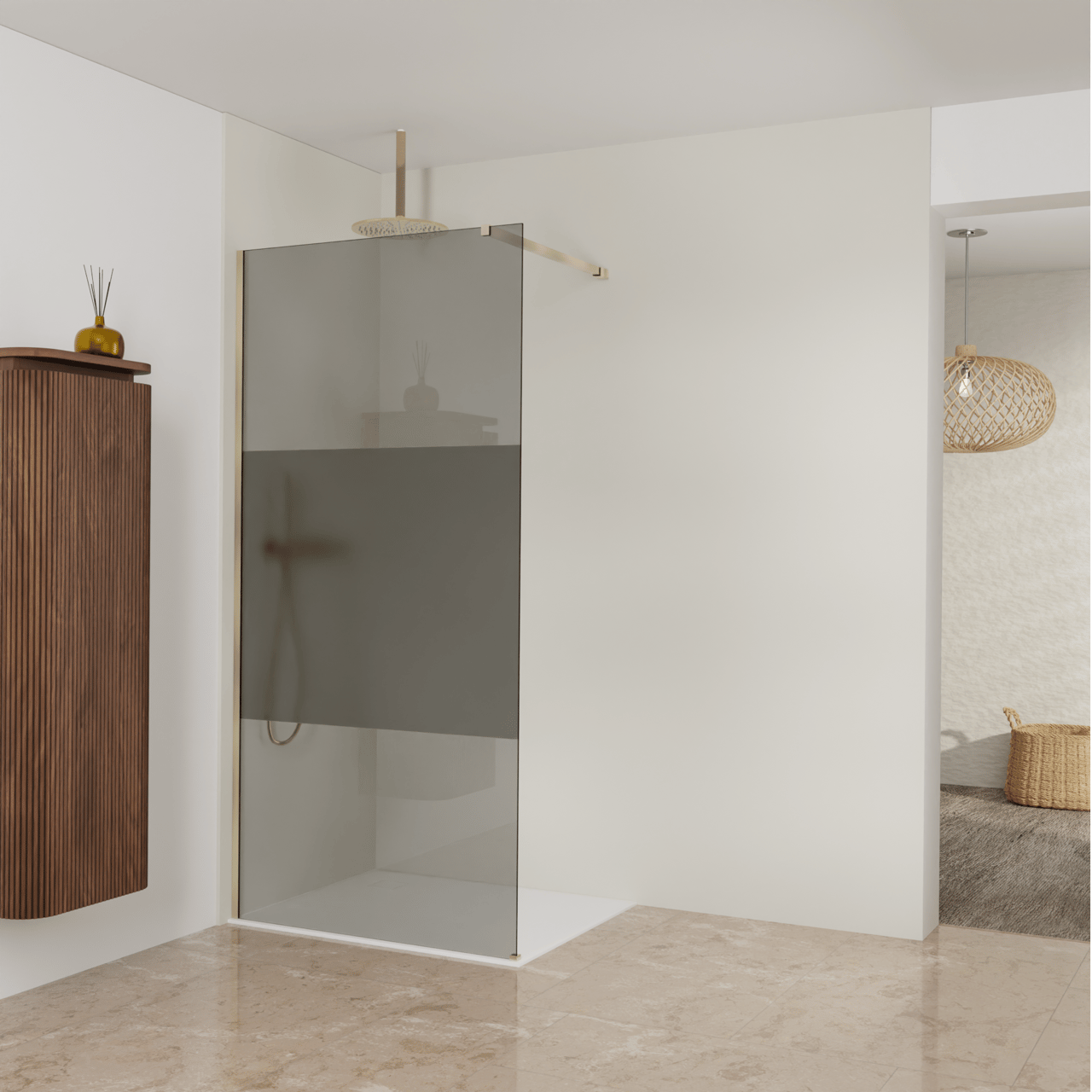 Balmani Modular inloopdouche: 100 x 200 cm, Rookglas met matte strook, Brushed Champagne Gold profielen
