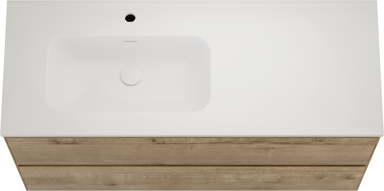 Balmani Mitra Compact zwevend badkamermeubel 120 x 46 cm ruwe eik met Nostra asymmetrisch linkse wastafel in porselein glanzend wit