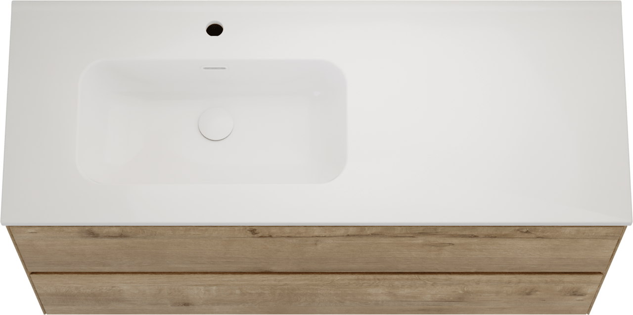 Balmani Mitra Compact hängendes Möbelstück Set: 120 x 46 cm, Eiche Rau, mit Nostra Waschtisch links Keramik Weiβ glänzend