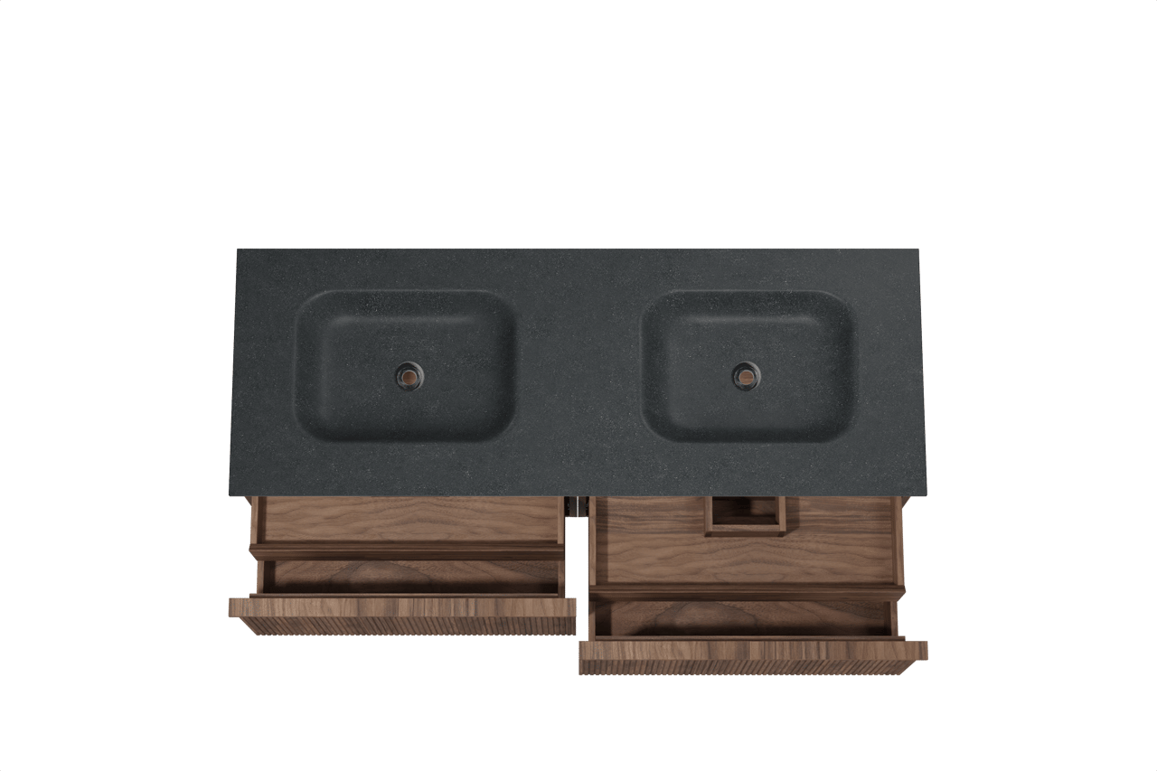 Balmani Forma meuble salle de bains suspendu 150 x 55 cm noyer américain avec Tablo Arcato double vasque en granit noir, Nervure droite symétrique verticale