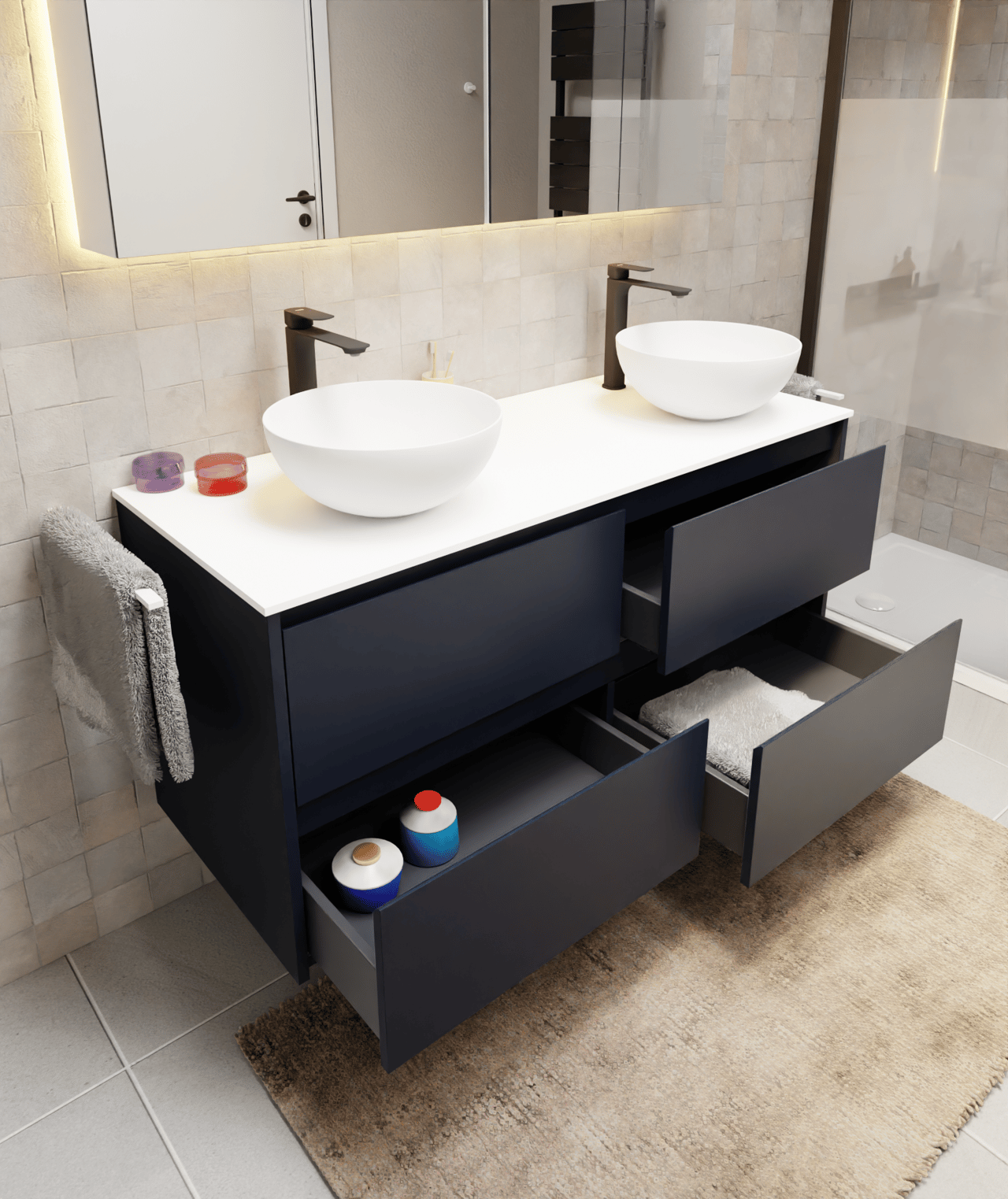 Storke Seda meuble sous-vasque suspendu 130 x 52 cm bleu nuit 4 tiroirs