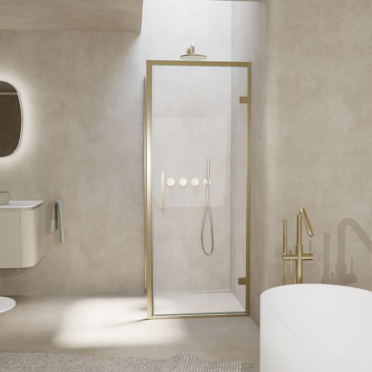 Balmani Senses Design douchehoek met rechtse draaideur en vaste zijwand, 90 x 100 cm, Helder glas, Brushed Champagne Gold profielen