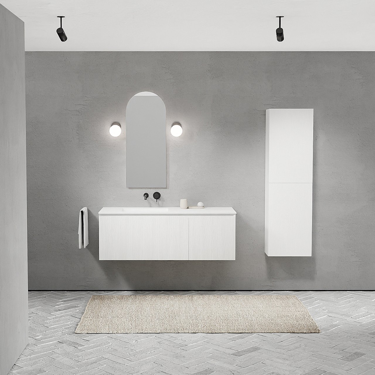 Balmani Fila hängendes Möbelstück Set: 135 x 55 cm, Weiß matt, mit Tablo Arcato Waschtisch links, Solid Surface, Weiß matt, Vertikale symmetrische gerade Rippe