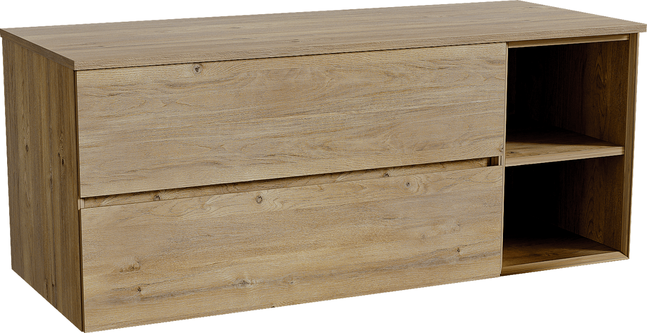 Storke Edge zwevend badkamermeubel 130 x 52 cm ruwe eik met Panton enkel of dubbel tablet in melamine ruwe eik