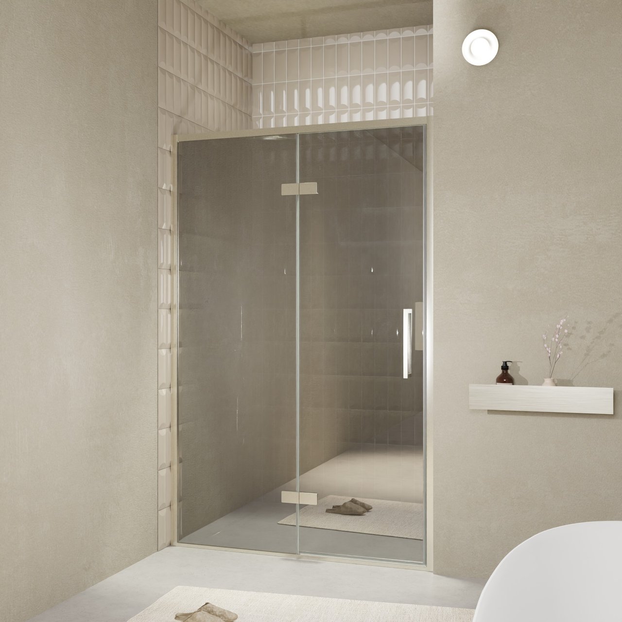 Balmani Senses Design douche draaideur links 140 cm x 210 cm Reflex spiegelglas, Brushed CoolMetal profielen, met coating