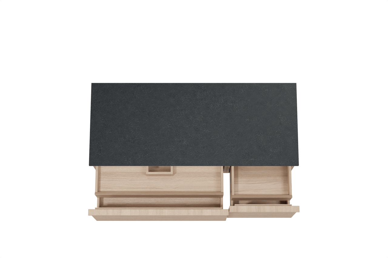 Balmani Forma zwevend badkamermeubel 135 x 55 cm natuur eik met Stretto enkel of dubbel tablet in graniet zwart, Horizontale symmetrische rechte ribbel