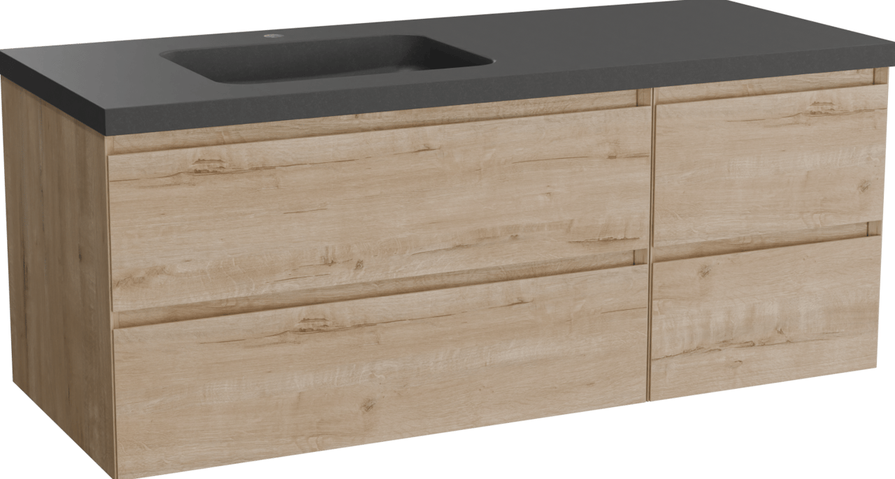 Balmani Mitra hängendes Möbelstück Set: 135 x 55 cm, Rohe Eiche, mit Napoli Waschtisch links, Schwarzes Granit