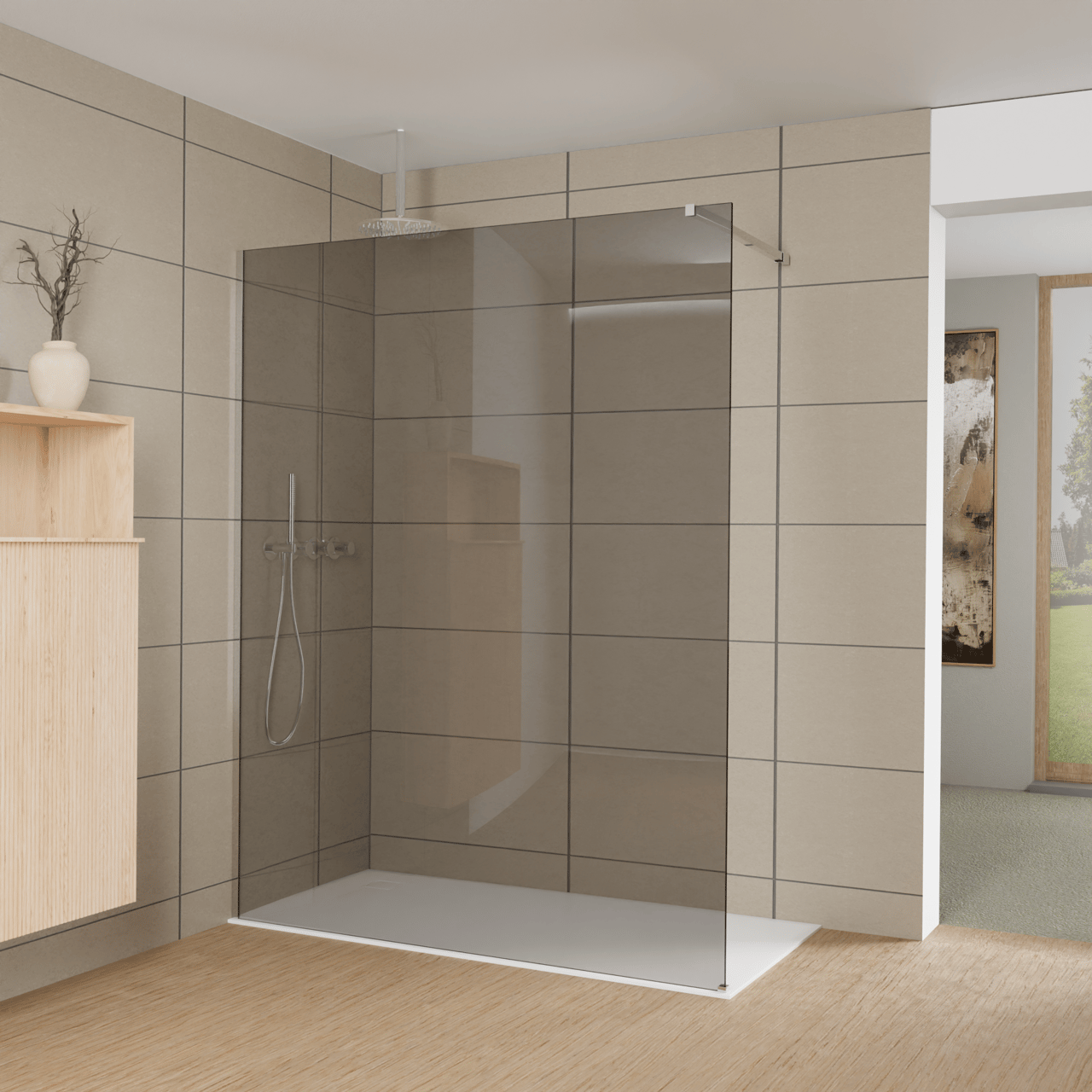 Balmani Modular Walk-In Dusche: 160 x 200 cm, Rauchglas, Profil Chrom glänzend